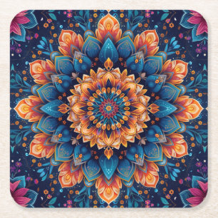 Mandala Flower Digital Art Style-23907. Square Paper Coaster