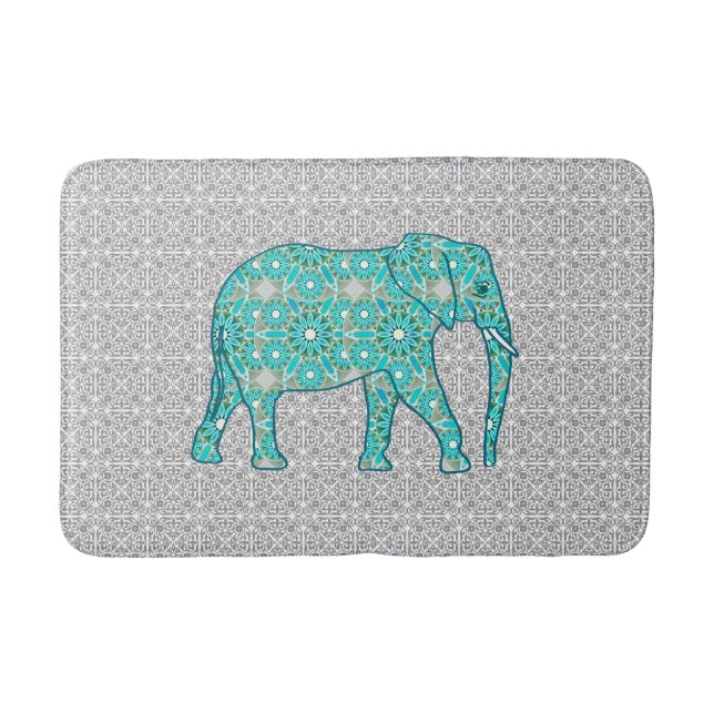 Mandala flower elephant - turquoise, grey & white bath mat (Front)