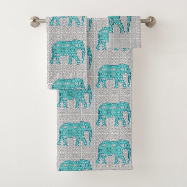 Mandala Flower Elephant, Turquoise, Grey & White Bath Towel Set (Insitu)