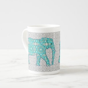 Mandala flower elephant - turquoise, grey & white bone china mug