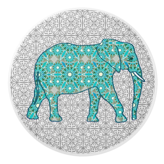Mandala flower elephant, turquoise, grey & white ceramic knob (Front)
