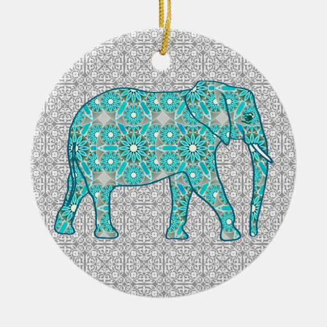 Mandala flower elephant - turquoise, grey & white ceramic tree decoration (Front)