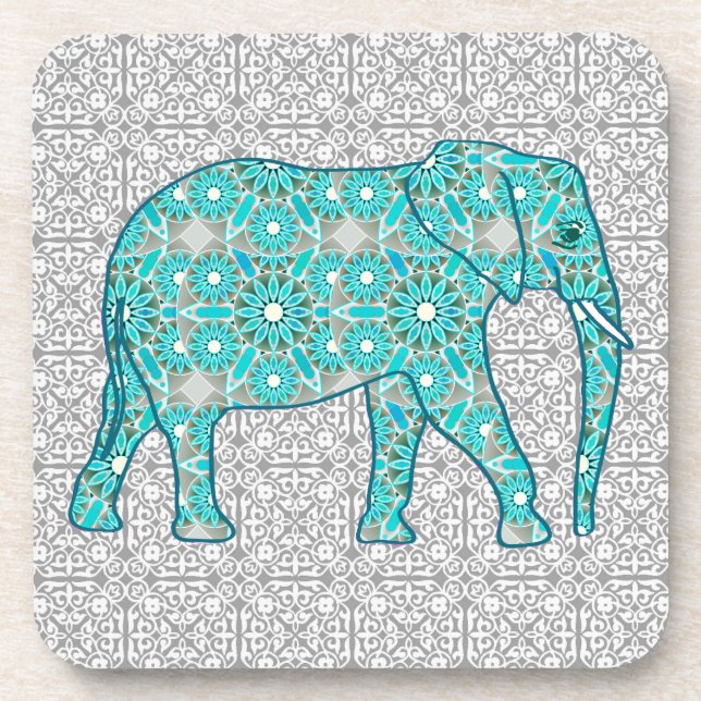 Mandala flower elephant - turquoise, grey & white coaster (Front)