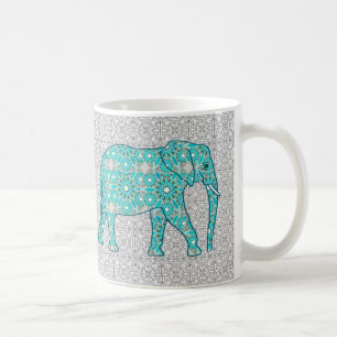 Mandala flower elephant - turquoise, grey & white coffee mug