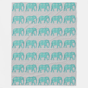 Mandala flower elephant - turquoise, grey & white fleece blanket