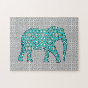 Mandala flower elephant, turquoise, grey & white jigsaw puzzle