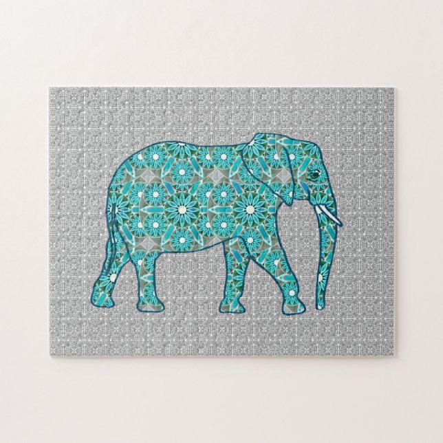 Mandala flower elephant, turquoise, grey & white jigsaw puzzle (Horizontal)