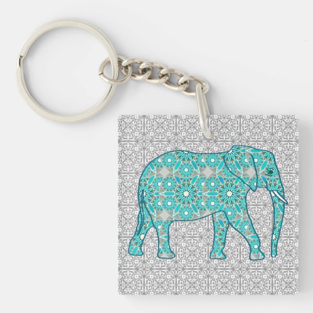 Mandala flower elephant - turquoise, grey & white key ring (Front)