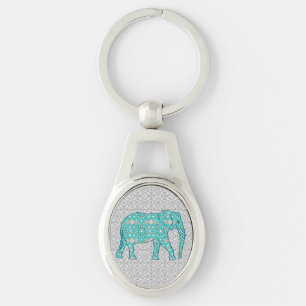 Mandala flower elephant - turquoise, grey & white key ring
