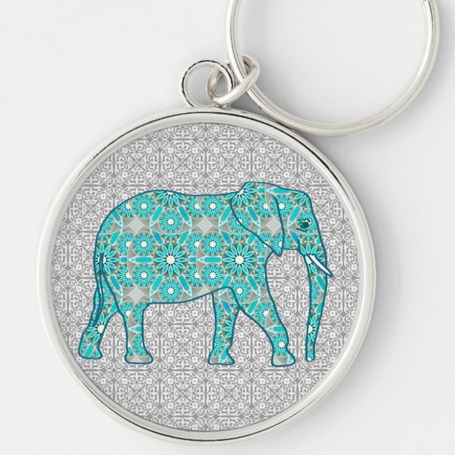 Mandala flower elephant - turquoise, grey & white key ring (Front)
