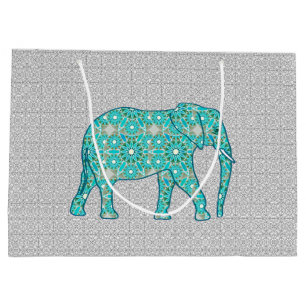 Mandala Flower Elephant, Turquoise, Grey & White Large Gift Bag