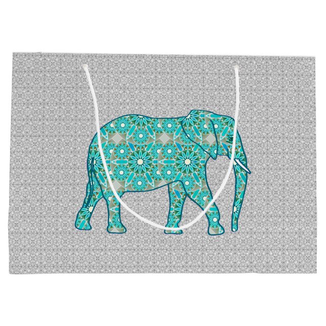 Mandala Flower Elephant, Turquoise, Grey & White Large Gift Bag (Back)