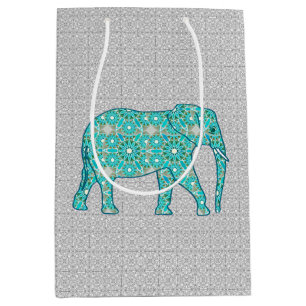 Mandala Flower Elephant, Turquoise, Grey & White Medium Gift Bag