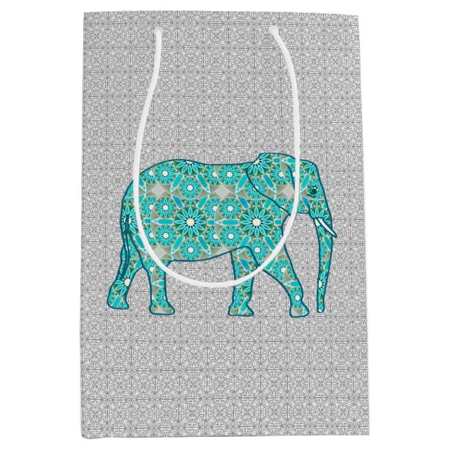 Mandala Flower Elephant, Turquoise, Grey & White Medium Gift Bag (Front)
