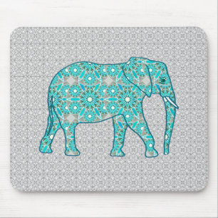Mandala flower elephant - turquoise, grey & white mouse mat
