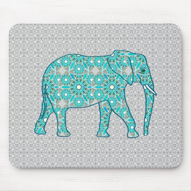 Mandala flower elephant - turquoise, grey & white mouse mat (Front)