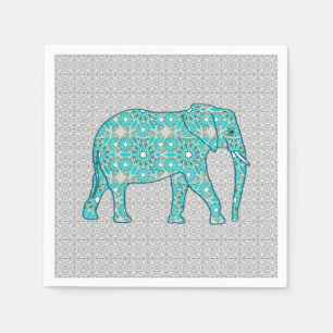 Mandala flower elephant - turquoise, grey & white napkin