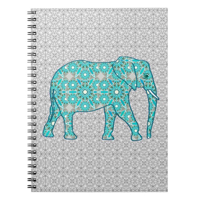 Mandala flower elephant - turquoise, grey & white notebook (Front)