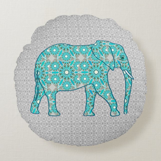 Mandala flower elephant - turquoise, grey & white round cushion (Front)