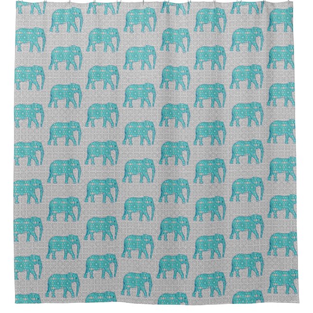 Mandala flower elephant - turquoise, grey & white shower curtain (Front)