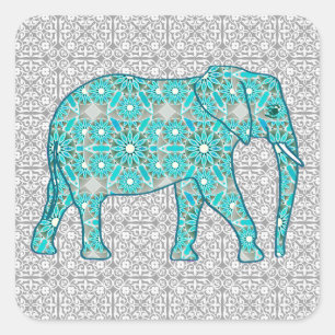 Mandala flower elephant - turquoise, grey & white square sticker