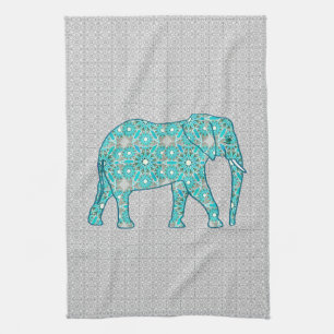 Mandala flower elephant - turquoise, grey & white tea towel