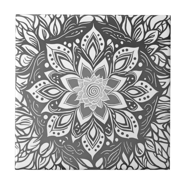 Mandala Flower in Black and white Tile (Front)