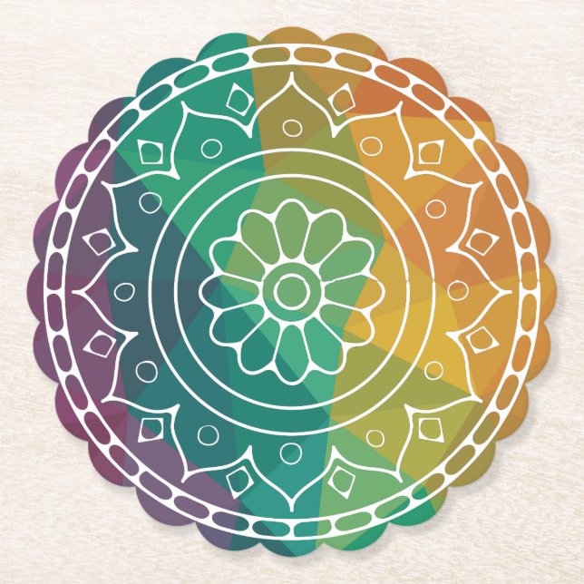 Mandala flower in rainbow low poly colourful desig paper coaster (Front)