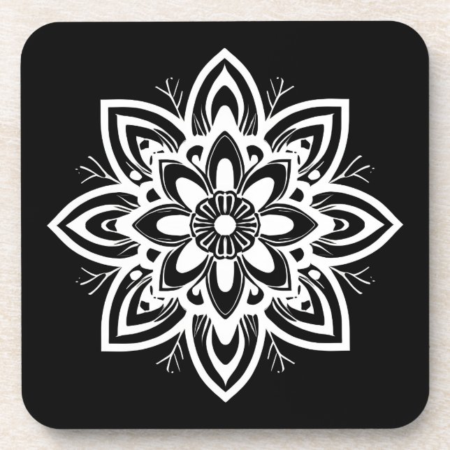 Mandala Flower Pattern in Black and White Coaster (Front)