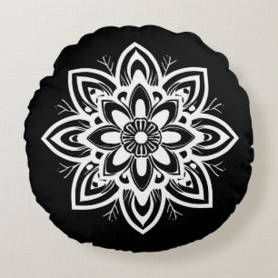 Mandala Flower Pattern in Black and White Round Cushion