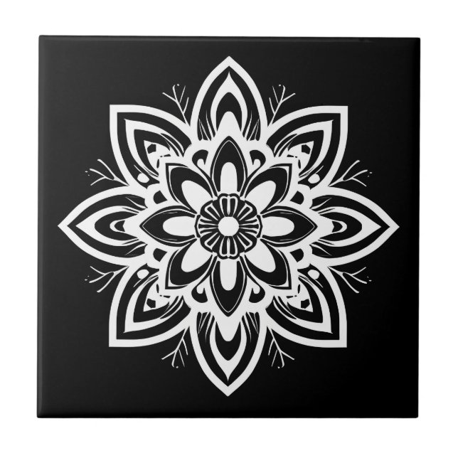 Mandala Flower Pattern in Black and White Tile (Front)