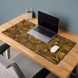   Mandala Flower Zen Tan Neutral Black Light Brown Desk Mat