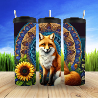 Mandala Fox with Floral Detail Thermal Tumbler