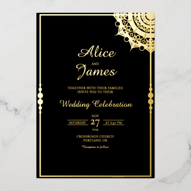 Mandala Frame Classic Black Gold Foil Wedding (Front)