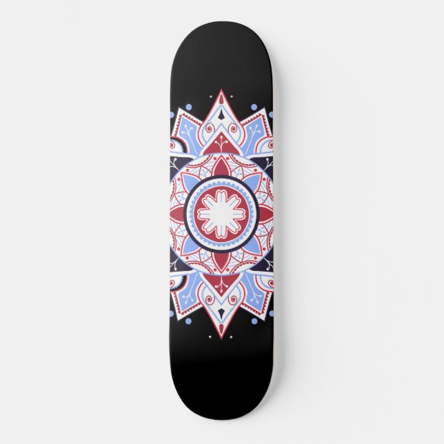 Mandala Geometric Abstract Pattern Blue Red Black Skateboard (Front)