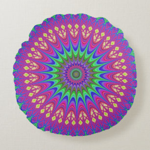 Mandala Geometric Psychedelic  Retro Hippie Round Cushion