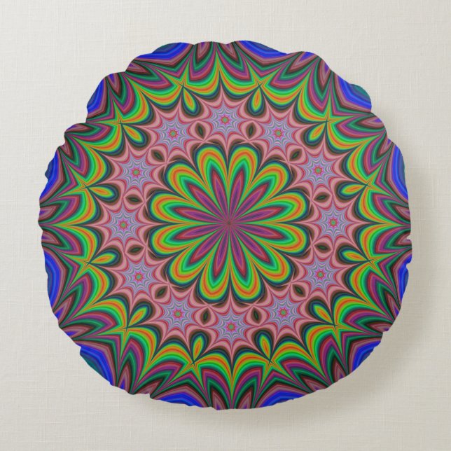 Mandala Geometric Rosette Retro Hippie Round Cushion (Front)