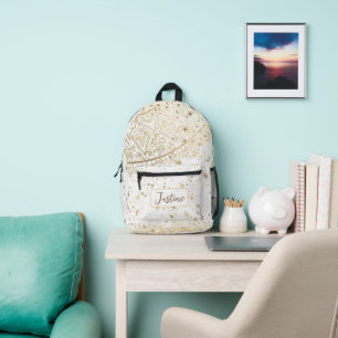 Mandala Glitter Gold Stars on White Personalised Printed Backpack