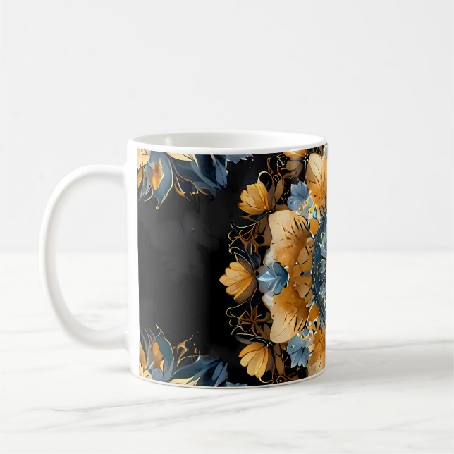 Mandala Gold & Silver Blue Leaf  Coffee Mug (Left)