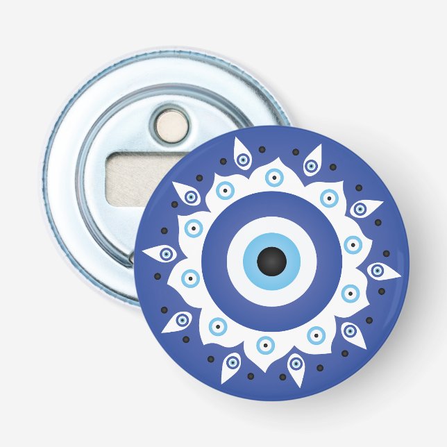 Mandala Greek Evil Eye Blue White Bottle Opener (Front)