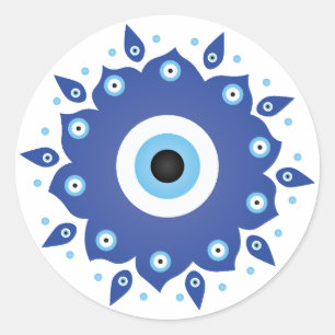 Mandala Greek Evil Eye Blue White Classic Round Sticker
