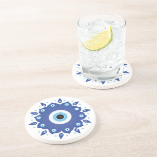 Mandala Greek Evil Eye Blue White Coaster