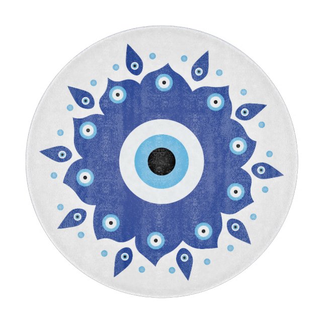 Mandala Greek Evil Eye Blue White Cutting Board (Front)
