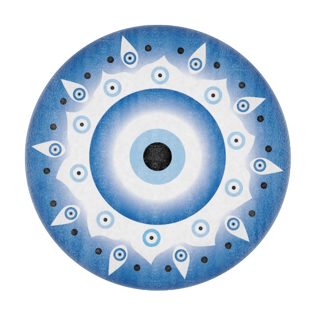 Mandala Greek Evil Eye Blue White Cutting Board (Front)