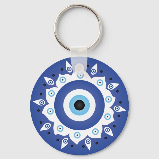 Mandala Greek Evil Eye Blue White Key Ring (Front)
