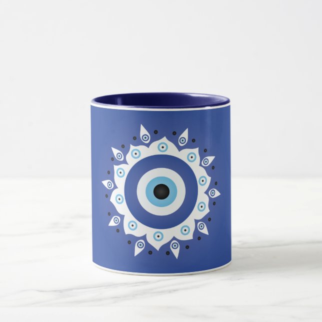 Mandala Greek Evil Eye Blue White Mug (Center)