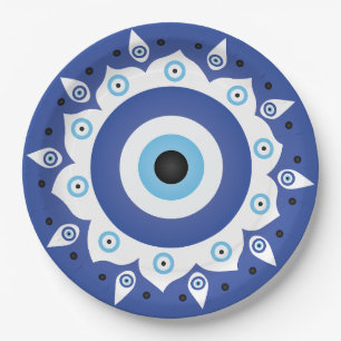 Mandala Greek Evil Eye Blue White Paper Plate