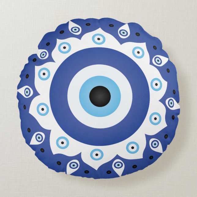 Mandala Greek Evil Eye Blue White Round Cushion (Front)