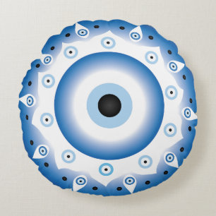 Mandala Greek Evil Eye Blue White Round Cushion