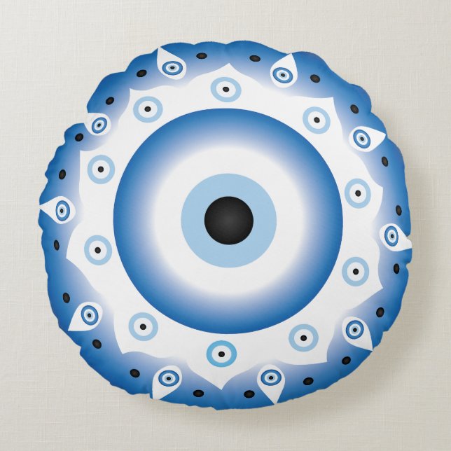 Mandala Greek Evil Eye Blue White Round Cushion (Front)